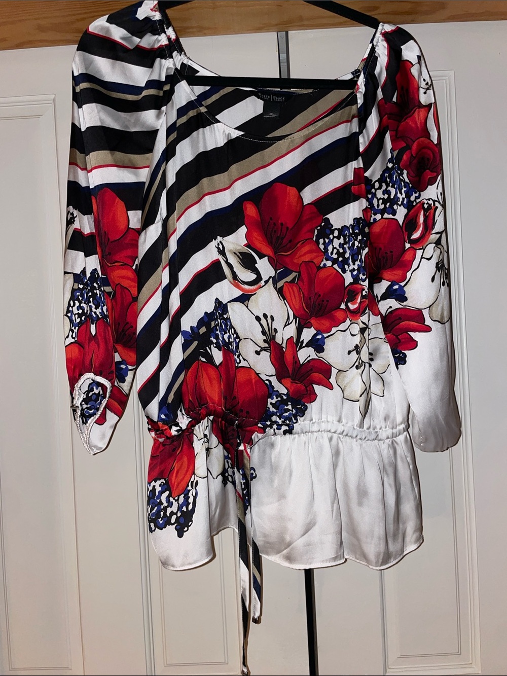 White House Black Market White Blouse with Red Floral & Navy Stripes